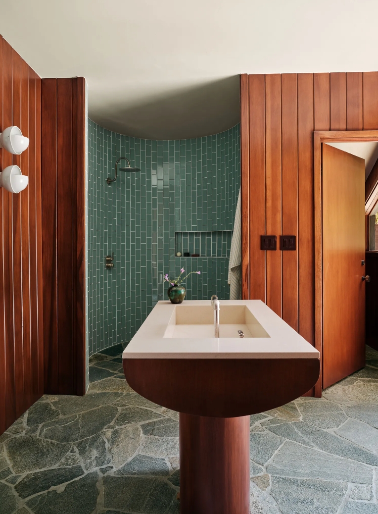 Center-room Sink with Walk-in Shower tiled in Green