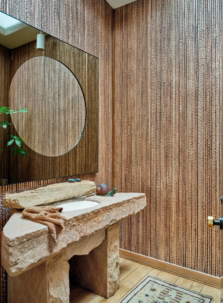 Stone Slab Sink with Large Mirror, Lined Walls