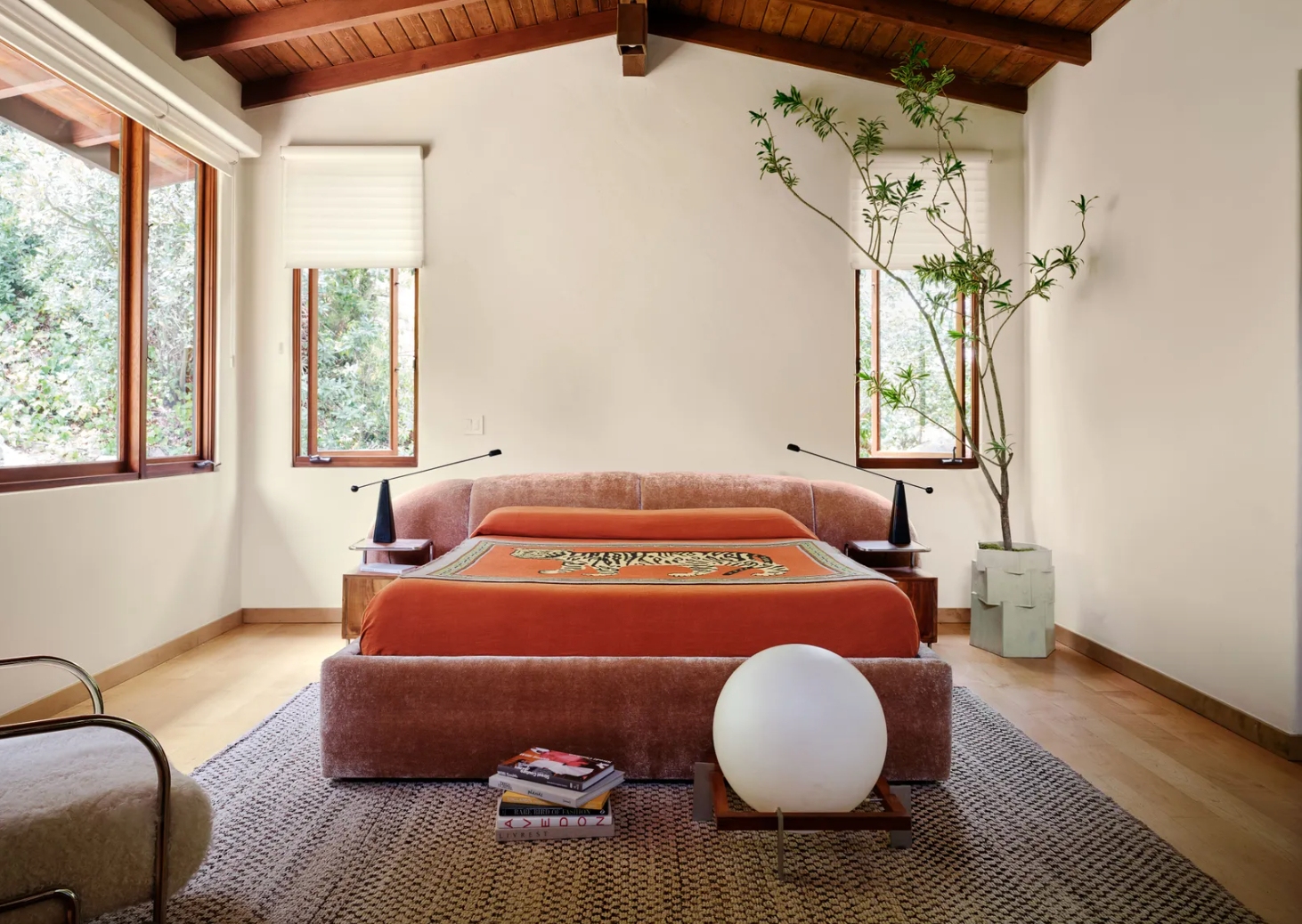 Simple Bedroom with Orange Bedspread and Potted Tree