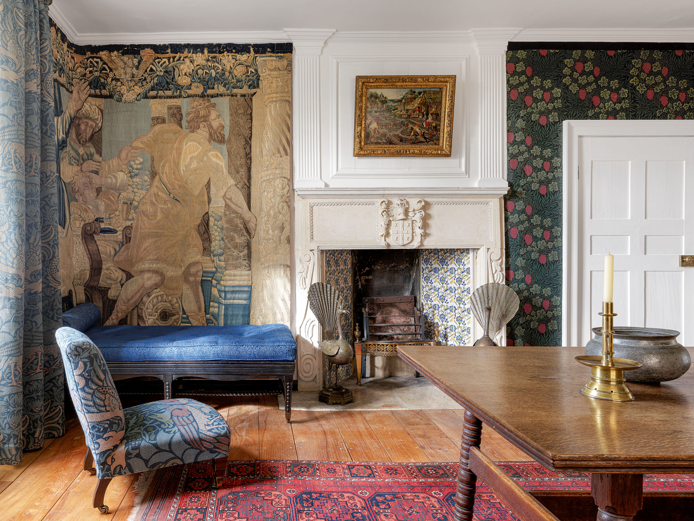 Interior with Several Patterns Split by White Fireplace