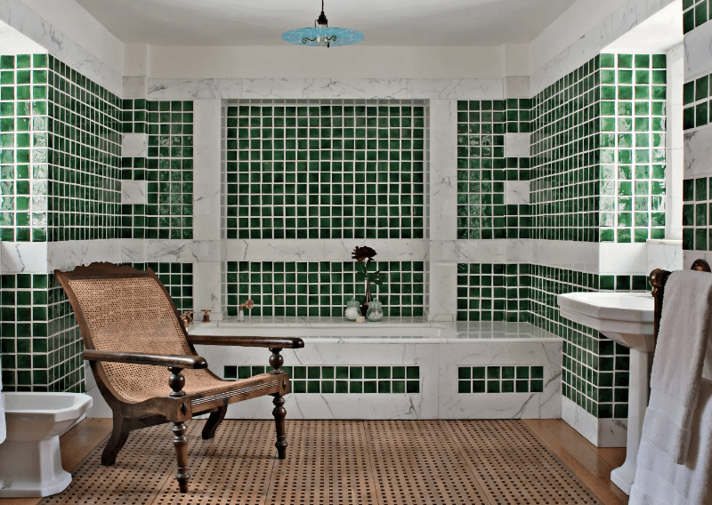 Tiles are making a comeback as seen in this green-tiled bathroom