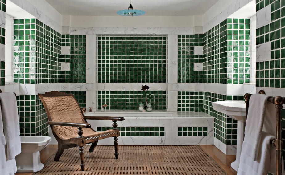 Tiles are making a comeback as seen in this green-tiled bathroom