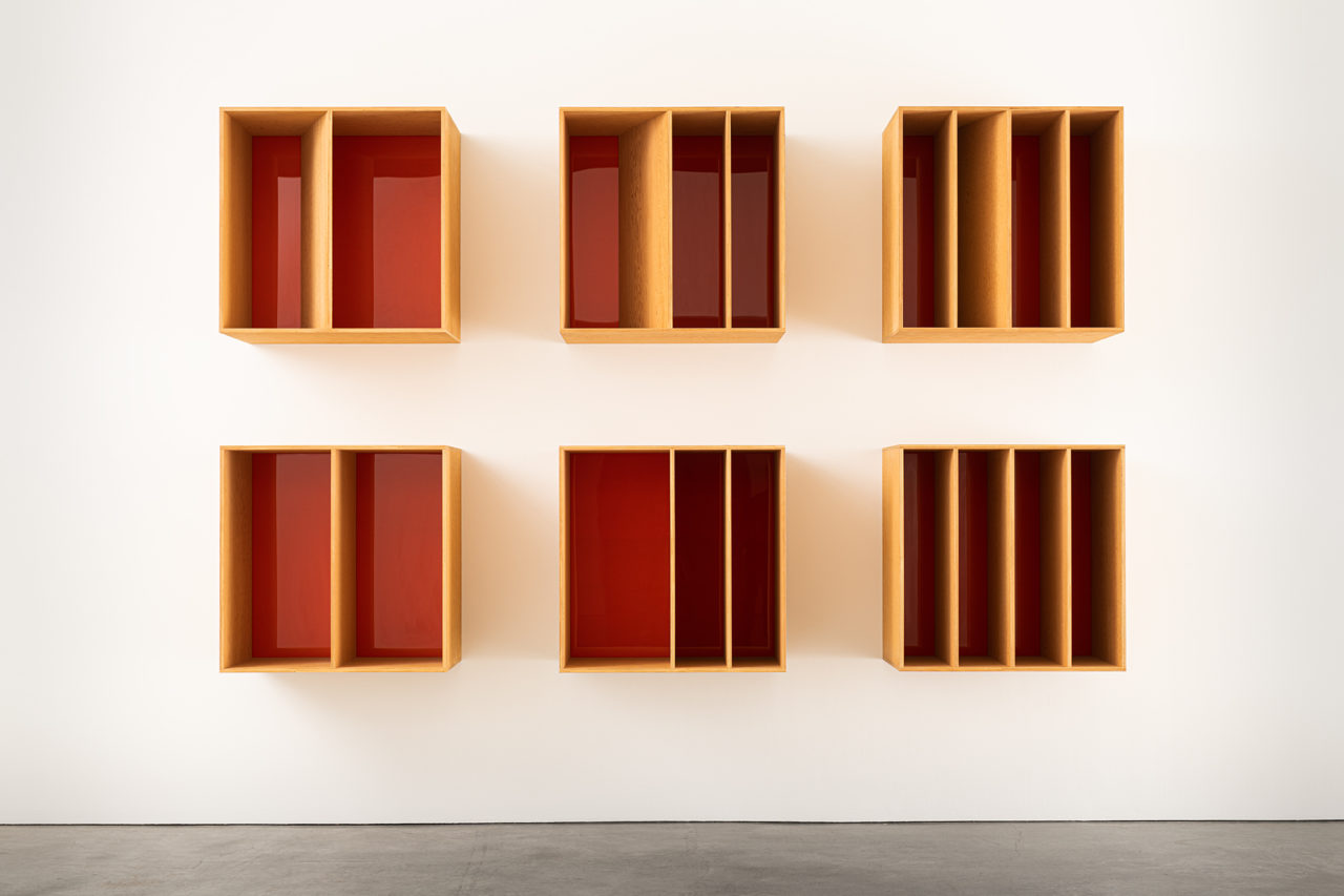 Judd used Douglas-fir plywood and orange Plexiglas to assemble this untitled 1986 exhibition