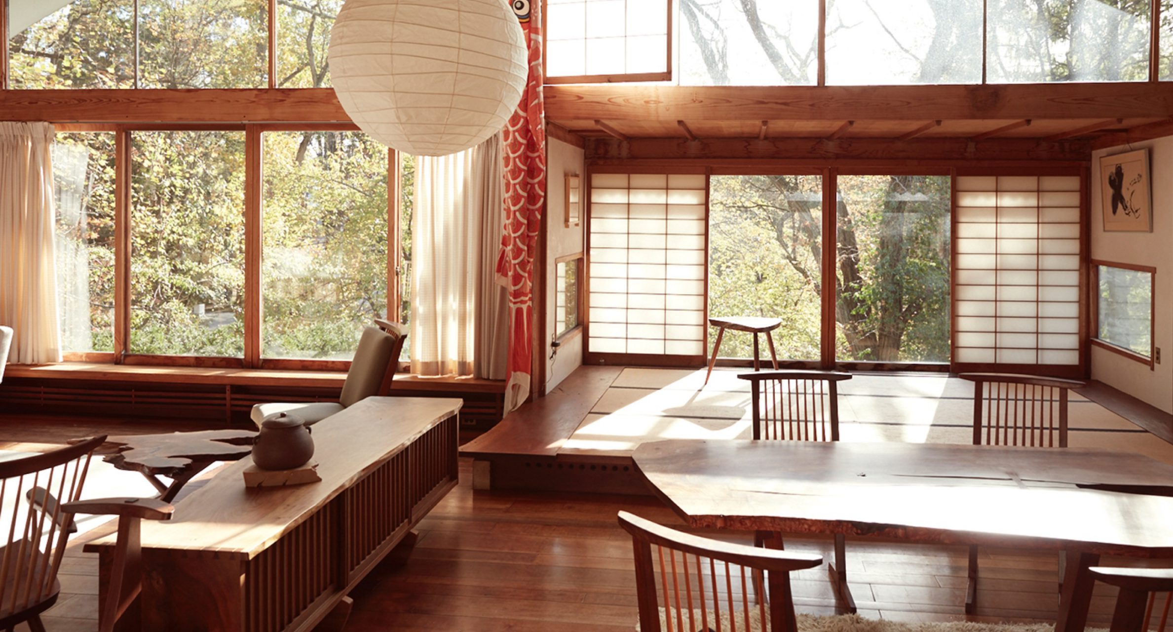 A dining room displays a possibility of how one would style with Nakashima's pieces